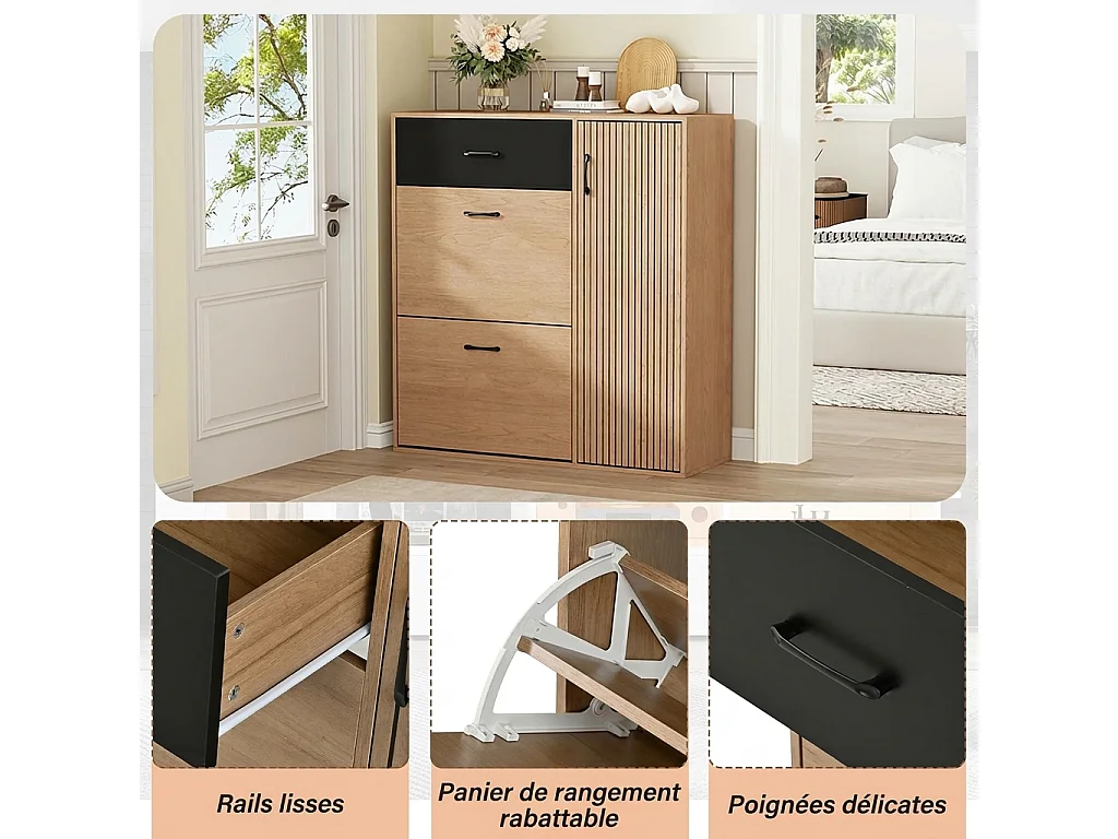 Parrot Uncle Meuble d’entrée avec rangement chaussures, 2 portes basculantes, 1 tiroir et 1 porte à lattes, bois et noir, 100 × 35 × 106 cm
