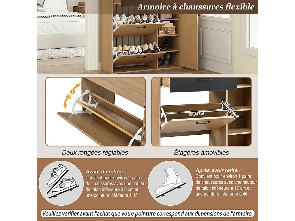 Parrot Uncle Meuble d’entrée avec rangement chaussures, 2 portes basculantes, 1 tiroir et 1 porte à lattes, bois et noir, 100 × 35 × 106 cm