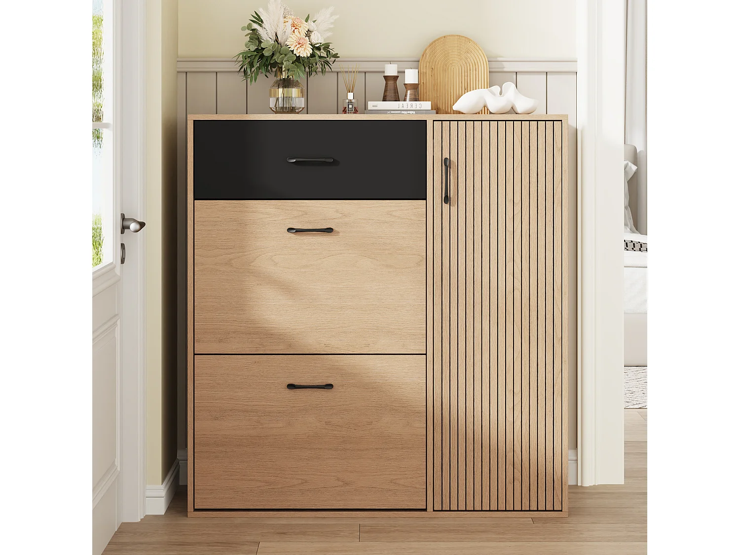 Parrot Uncle Meuble d’entrée avec rangement chaussures, 2 portes basculantes, 1 tiroir et 1 porte à lattes, bois et noir, 100 × 35 × 106 cm