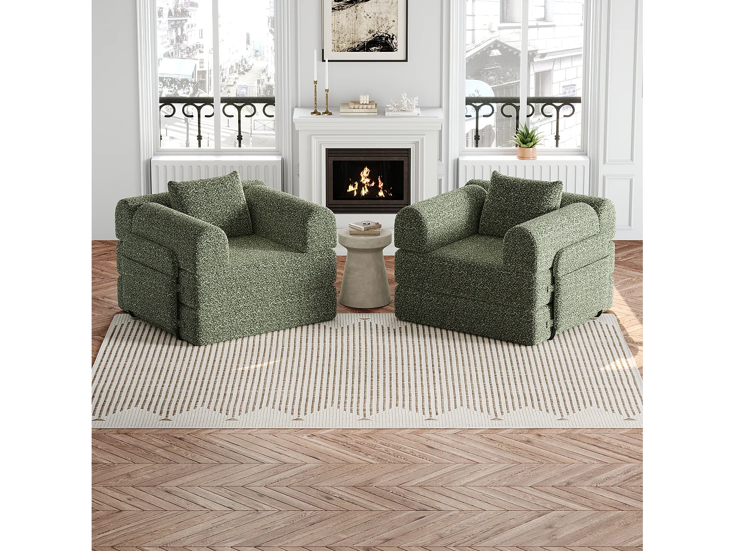 Parrot Uncle Canapé-lit modulable en tissu chenille, 2-en-1 avec rangement dans l’accoudoir, structure en acier, design contemporain