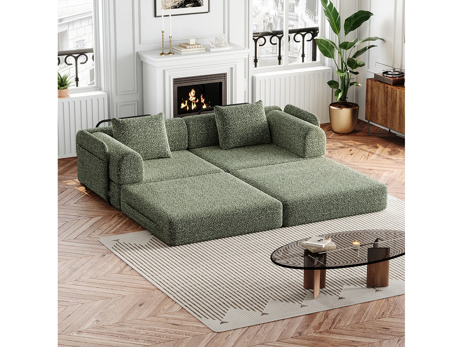Parrot Uncle Canapé-lit modulable en tissu chenille, 2-en-1 avec rangement dans l’accoudoir, structure en acier, design contemporain