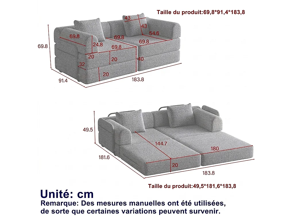 Parrot Uncle Canapé-lit modulable en tissu chenille, 2-en-1 avec rangement dans l’accoudoir, structure en acier, design contemporain