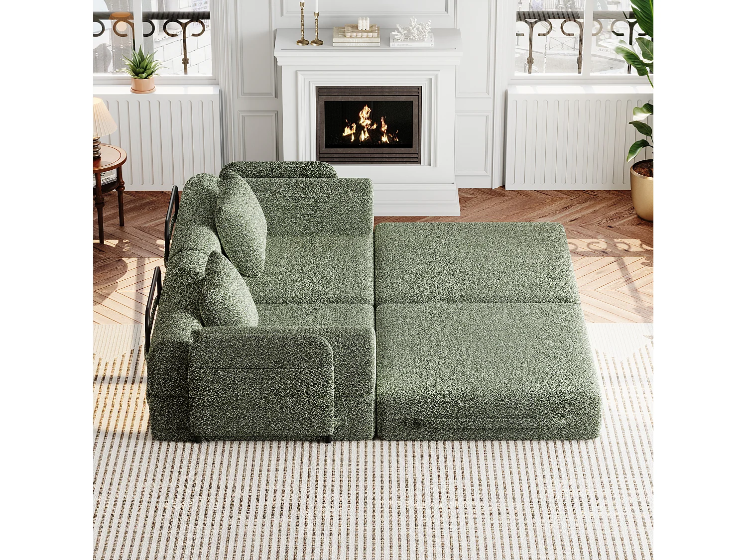 Parrot Uncle Canapé-lit modulable en tissu chenille, 2-en-1 avec rangement dans l’accoudoir, structure en acier, design contemporain