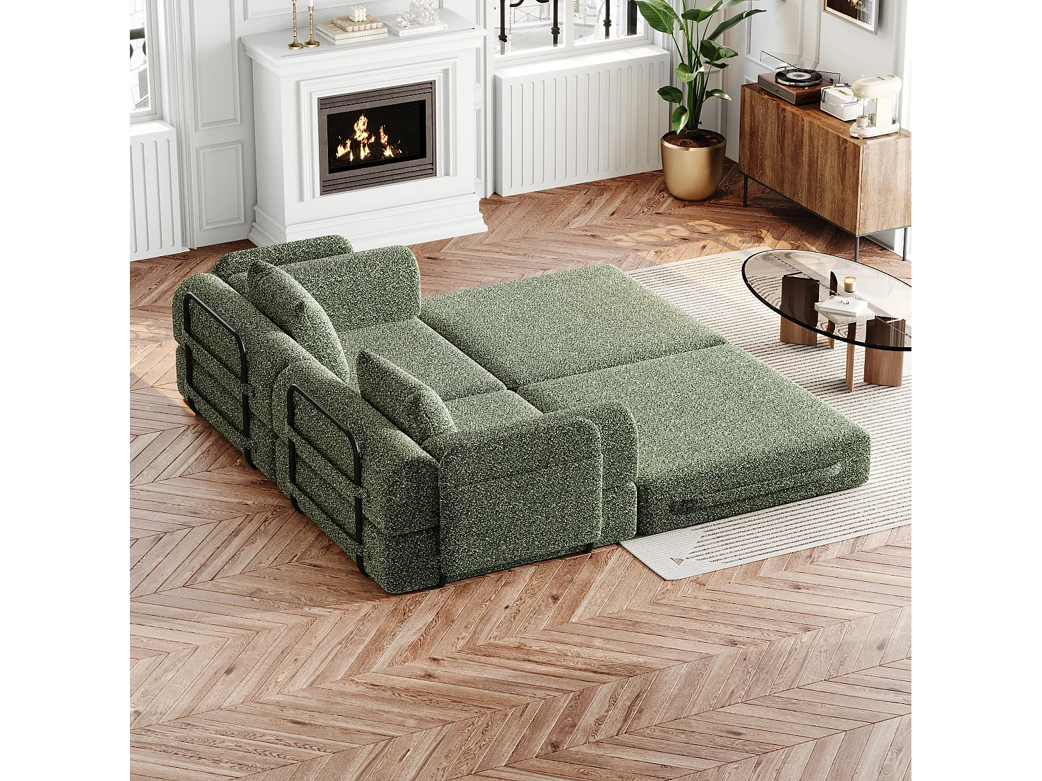 Parrot Uncle Canapé-lit modulable en tissu chenille, 2-en-1 avec rangement dans l’accoudoir, structure en acier, design contemporain