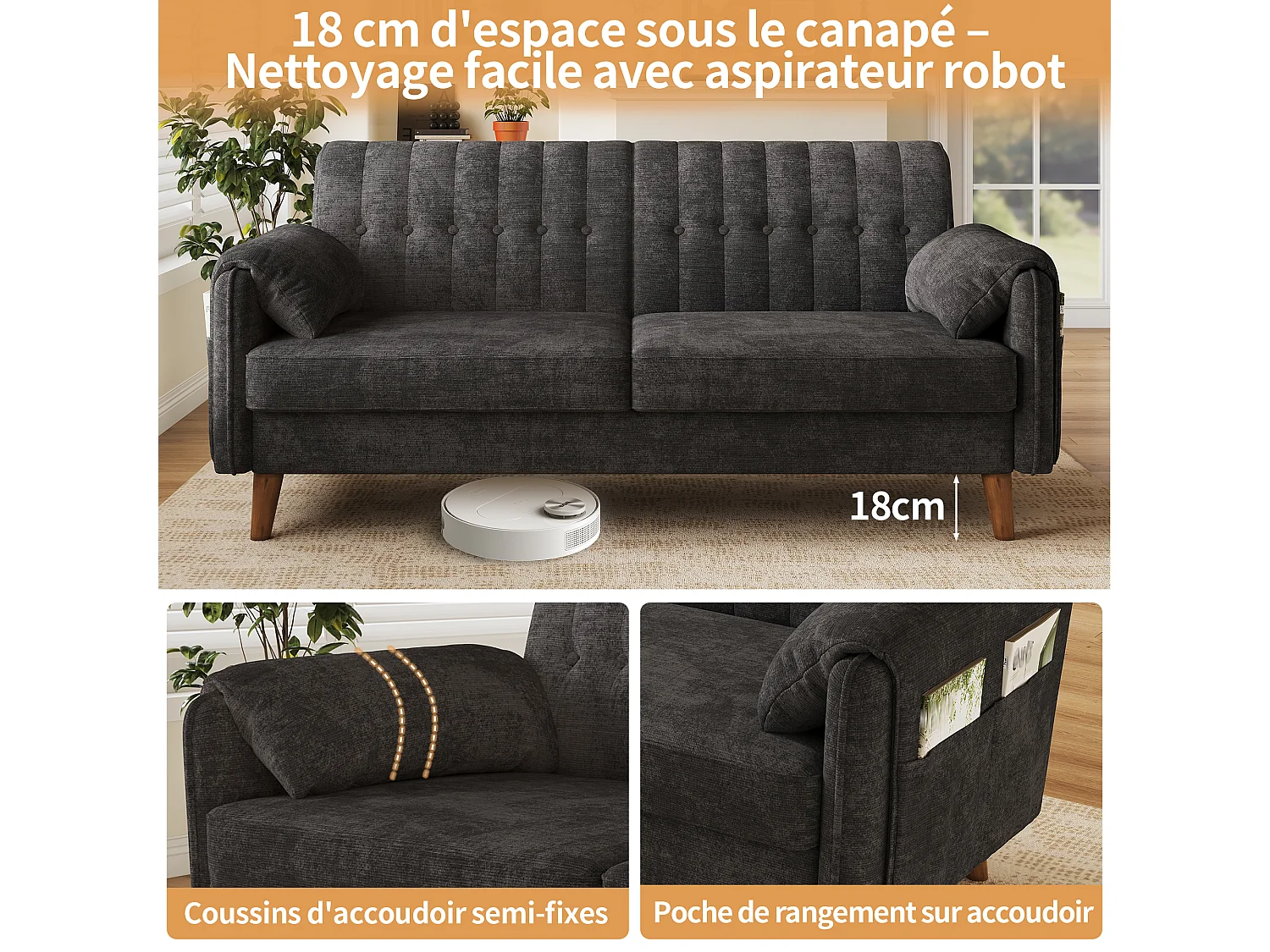 Parrot Uncle Canapé 2 places en tissu chenille, assise moelleuse, dossier capitonné, 161,5×79×83,5 cm, gris