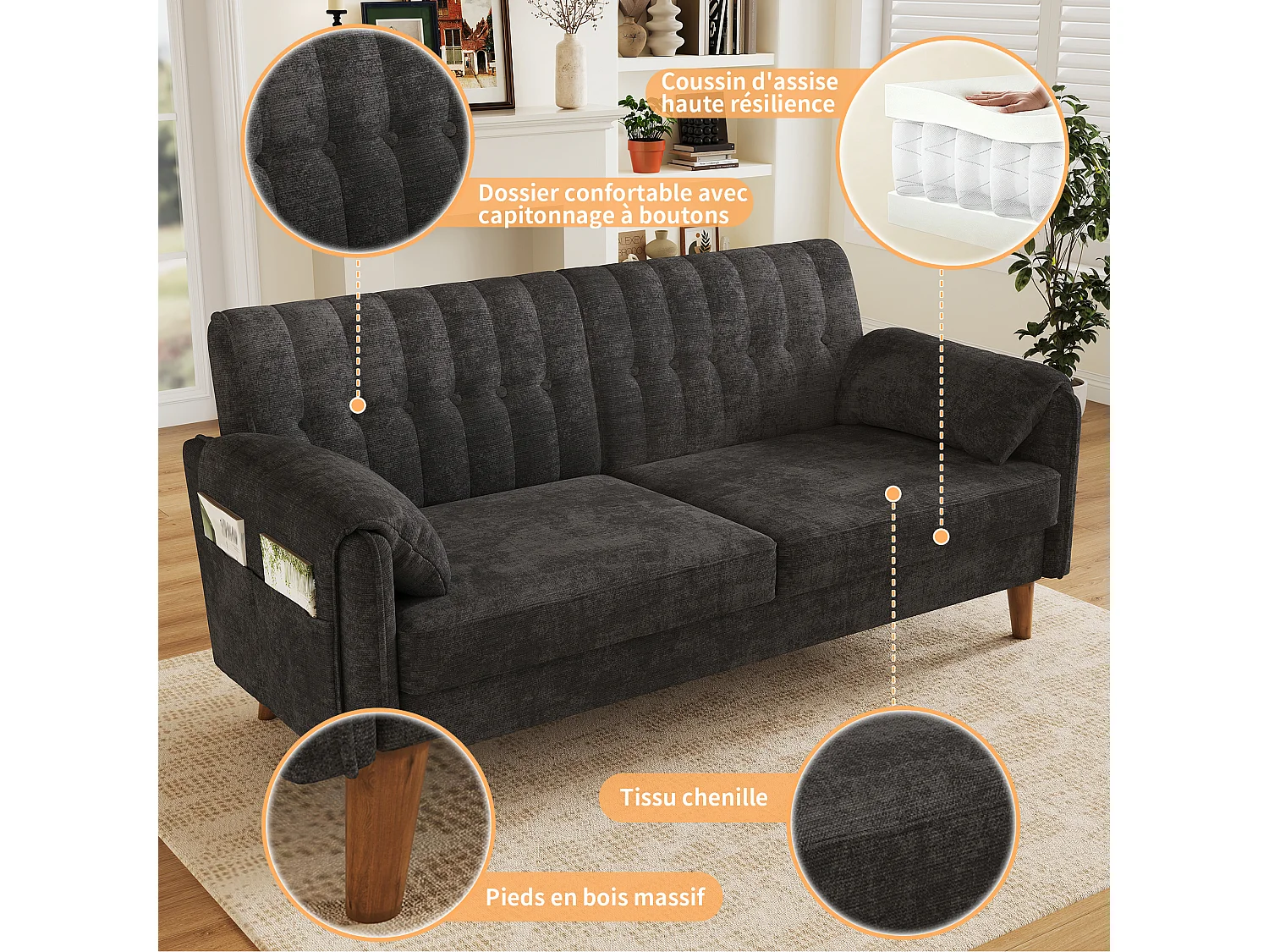Parrot Uncle Canapé 2 places en tissu chenille, assise moelleuse, dossier capitonné, 161,5×79×83,5 cm, gris