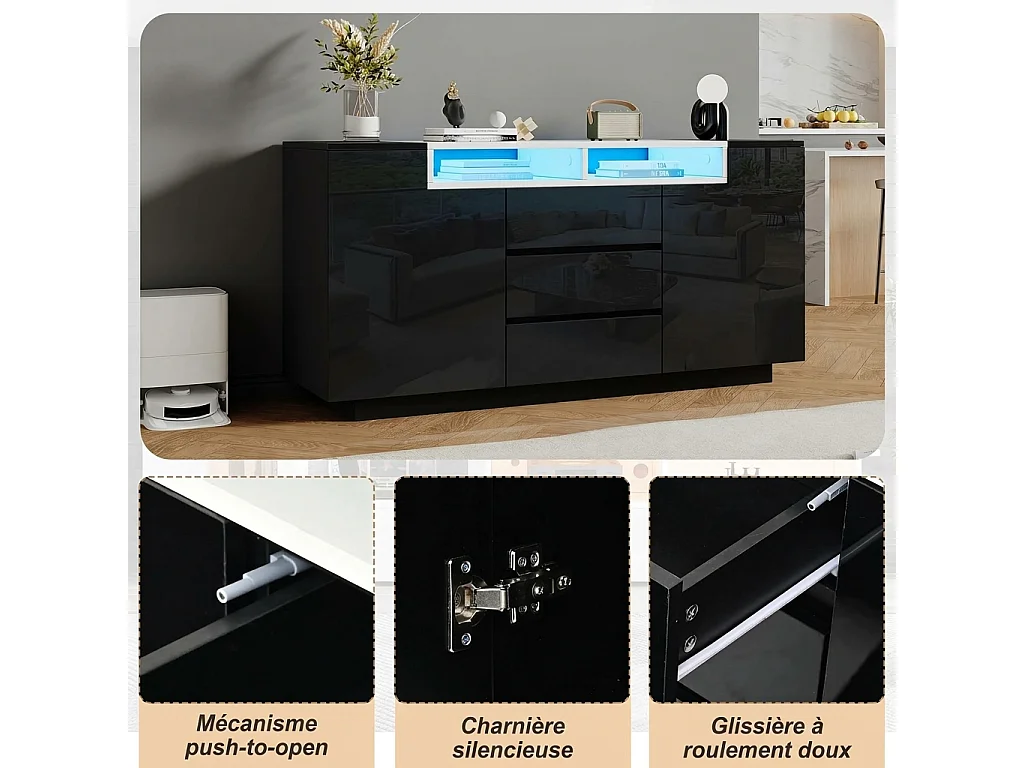 Parrot Uncle Buffet de salon avec LED, 140 x 40 x 68 cm, 2 portes, 3 tiroirs, étagères réglables, finition noire brillante