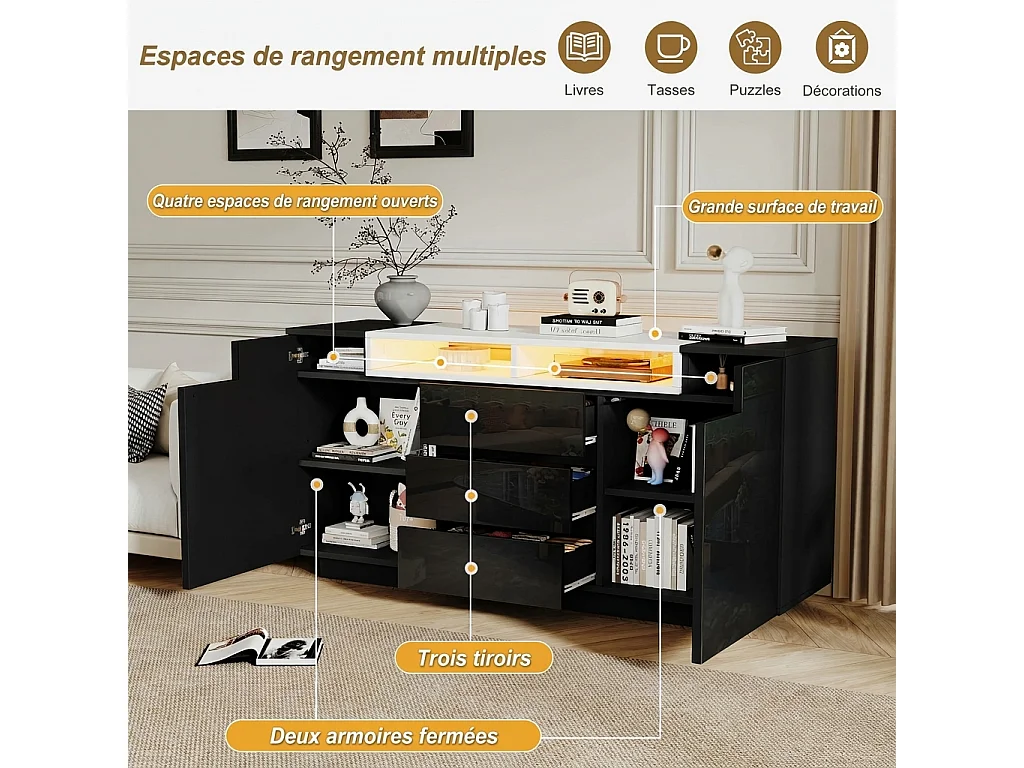 Parrot Uncle Buffet de salon avec LED, 140 x 40 x 68 cm, 2 portes, 3 tiroirs, étagères réglables, finition noire brillante