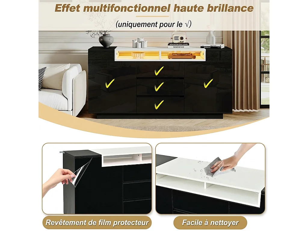 Parrot Uncle Buffet de salon avec LED, 140 x 40 x 68 cm, 2 portes, 3 tiroirs, étagères réglables, finition noire brillante
