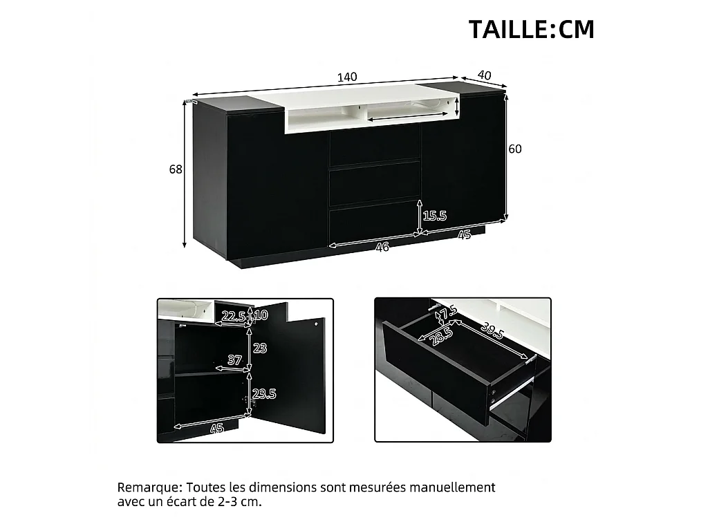 Parrot Uncle Buffet de salon avec LED, 140 x 40 x 68 cm, 2 portes, 3 tiroirs, étagères réglables, finition noire brillante