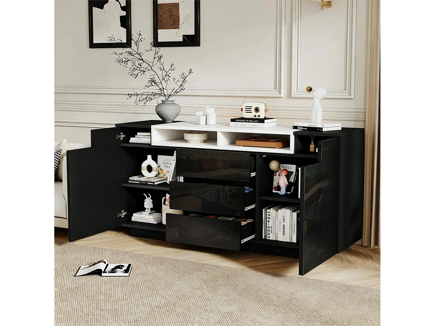 Parrot Uncle Buffet de salon avec LED, 140 x 40 x 68 cm, 2 portes, 3 tiroirs, étagères réglables, finition noire brillante