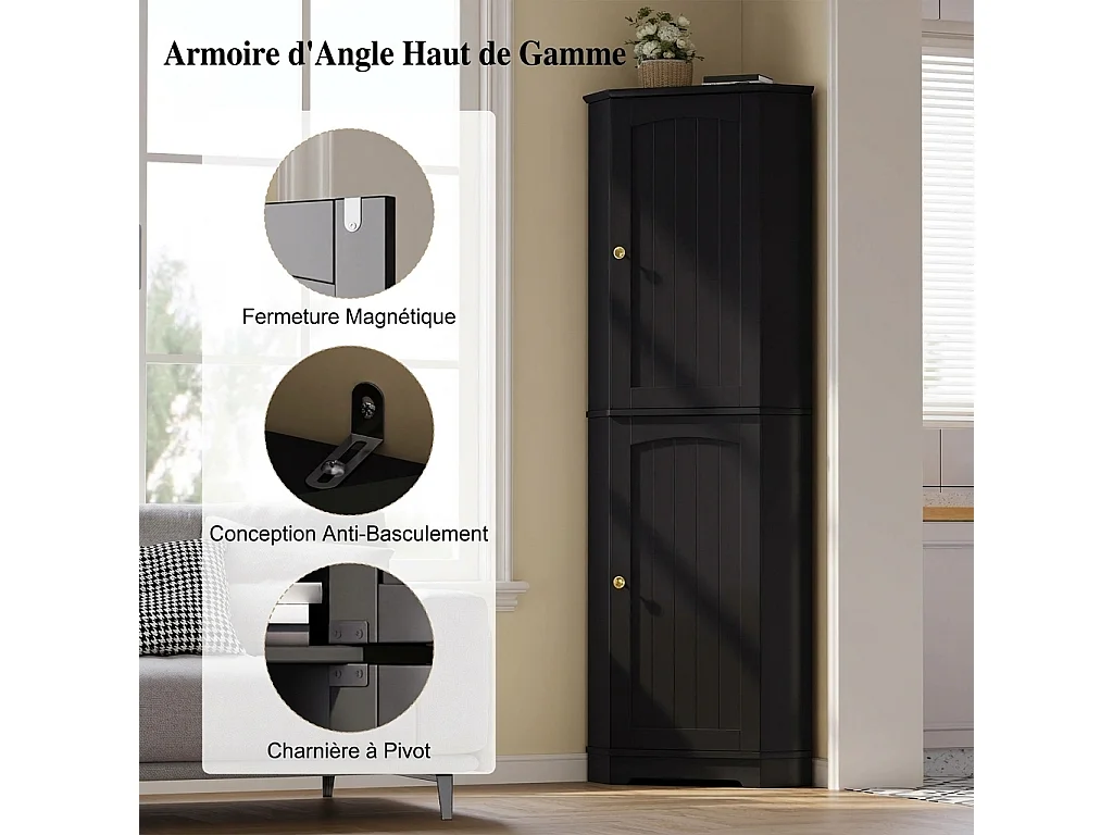Parrot Uncle Meuble d’angle 2 portes avec étagères réglables, rangement gain de place, 42×42×166 cm, noir élégant