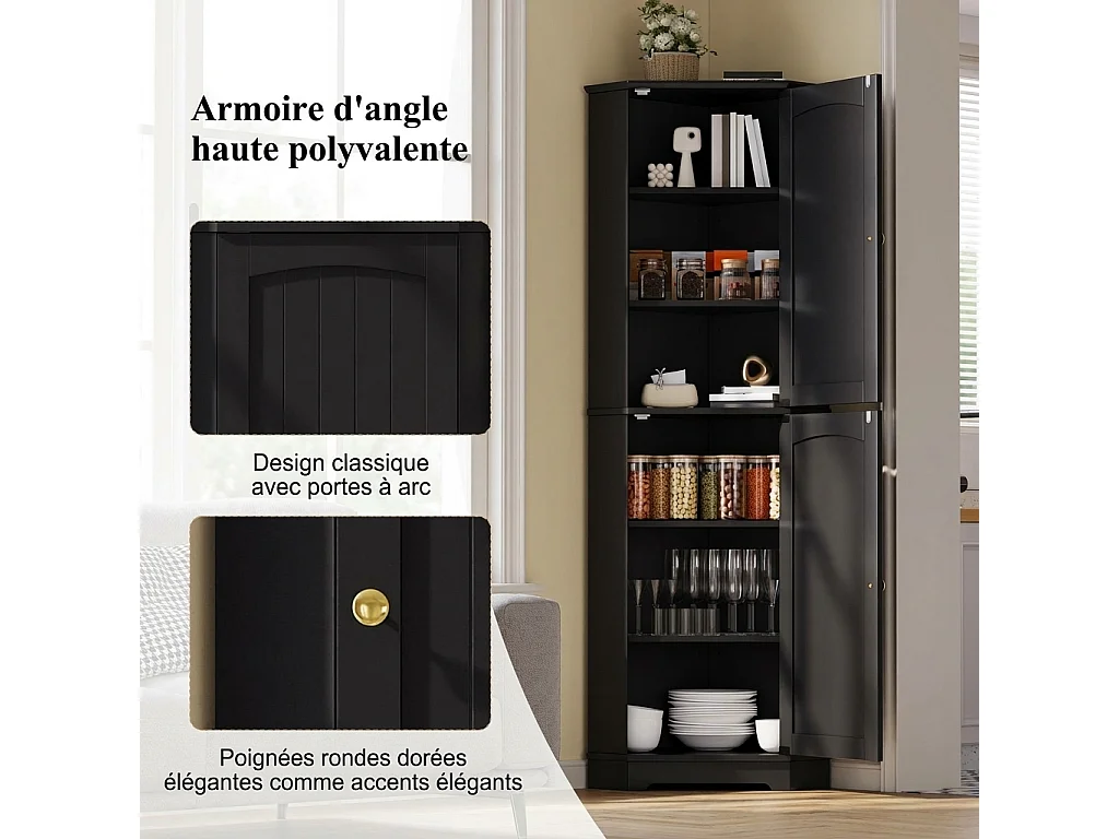 Parrot Uncle Meuble d’angle 2 portes avec étagères réglables, rangement gain de place, 42×42×166 cm, noir élégant