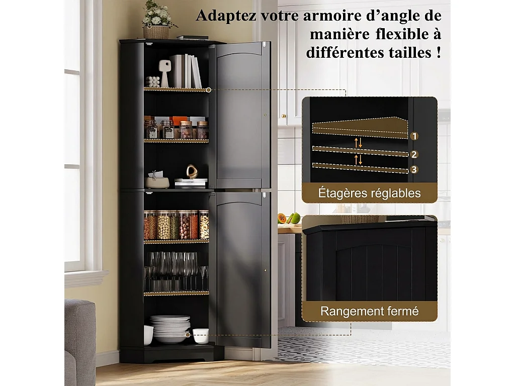 Parrot Uncle Meuble d’angle 2 portes avec étagères réglables, rangement gain de place, 42×42×166 cm, noir élégant
