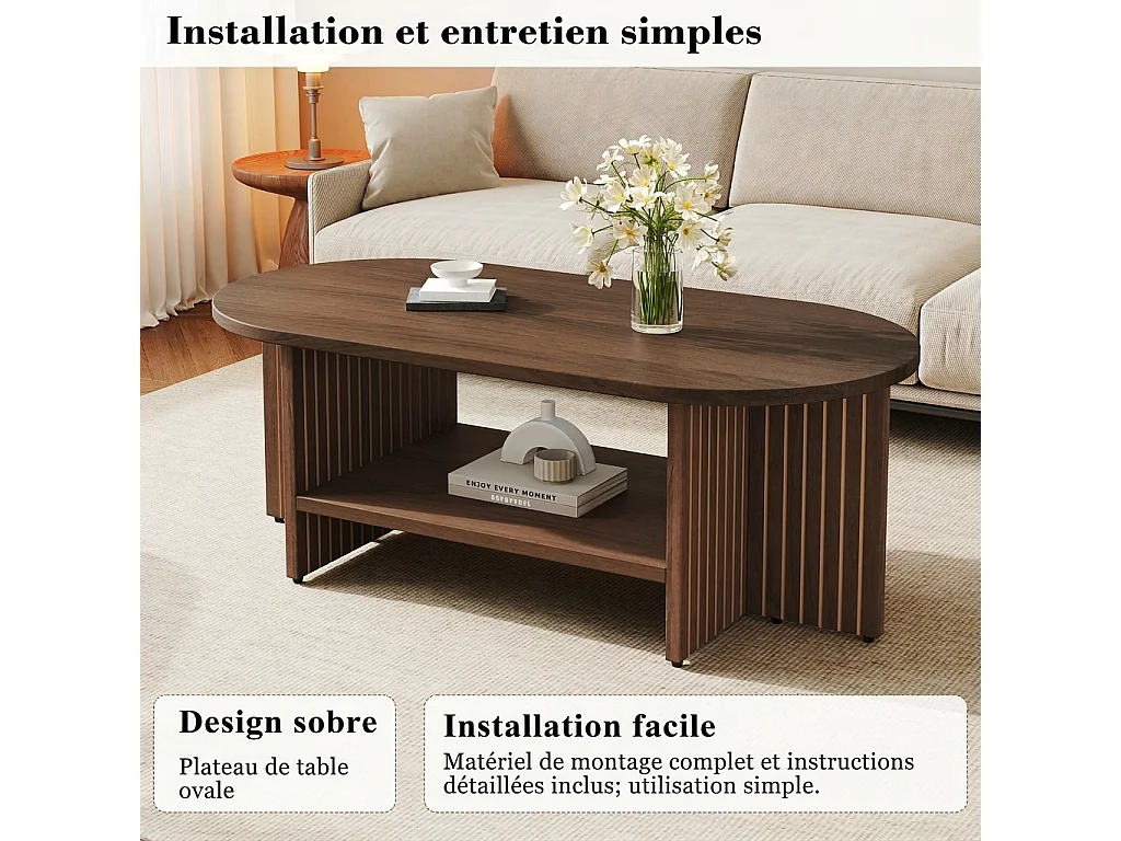 Parrot Uncle Table basse ovale avec rangement, 100 × 49 × 35 cm, marron, design moderne à rainures
