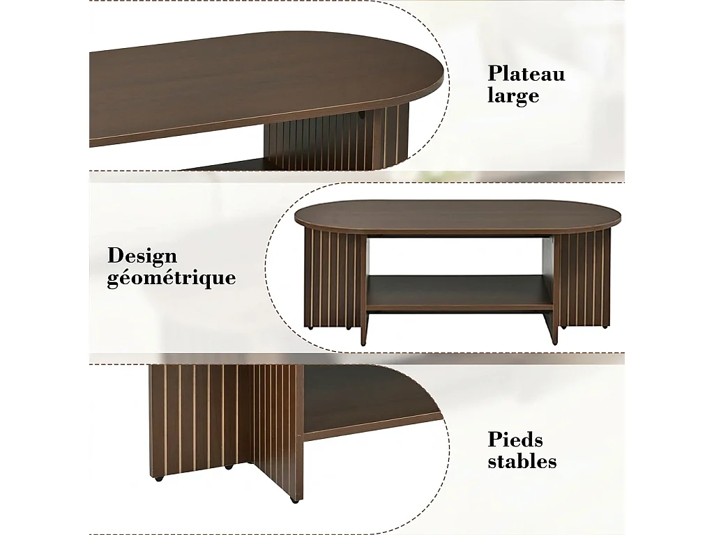 Parrot Uncle Table basse ovale avec rangement, 100 × 49 × 35 cm, marron, design moderne à rainures