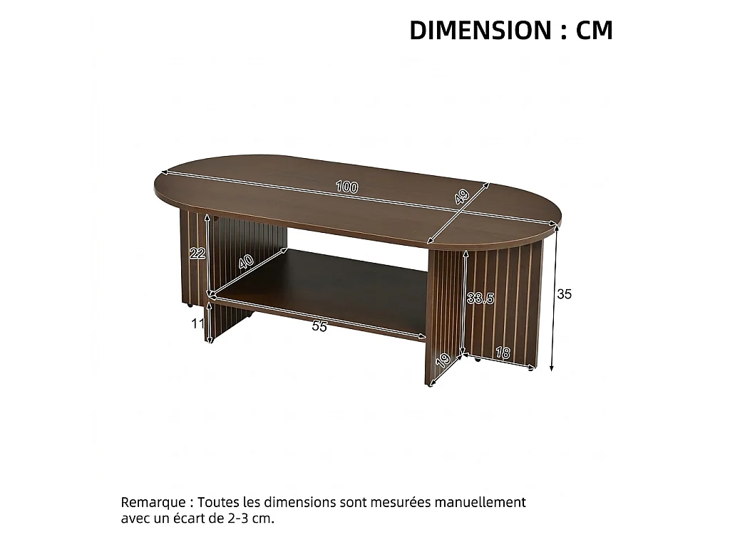 Parrot Uncle Table basse ovale avec rangement, 100 × 49 × 35 cm, marron, design moderne à rainures