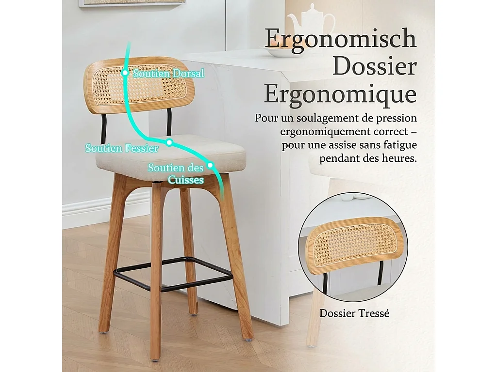Parrot Uncle Lot de 2 tabourets de bar pivotants à 360°, dossier en rotin, assise en chenille beige, bois, 44 x 51 x 96 cm