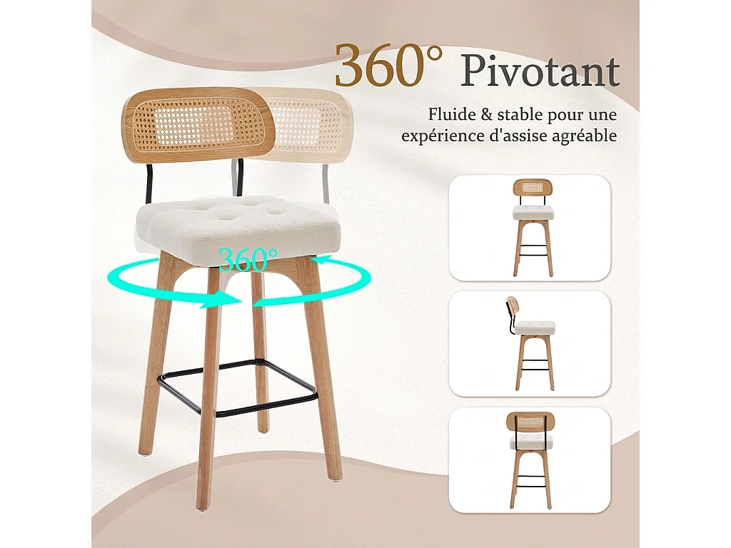 Parrot Uncle Lot de 2 tabourets de bar pivotants à 360°, dossier en rotin, assise en chenille beige, bois, 44 x 51 x 96 cm