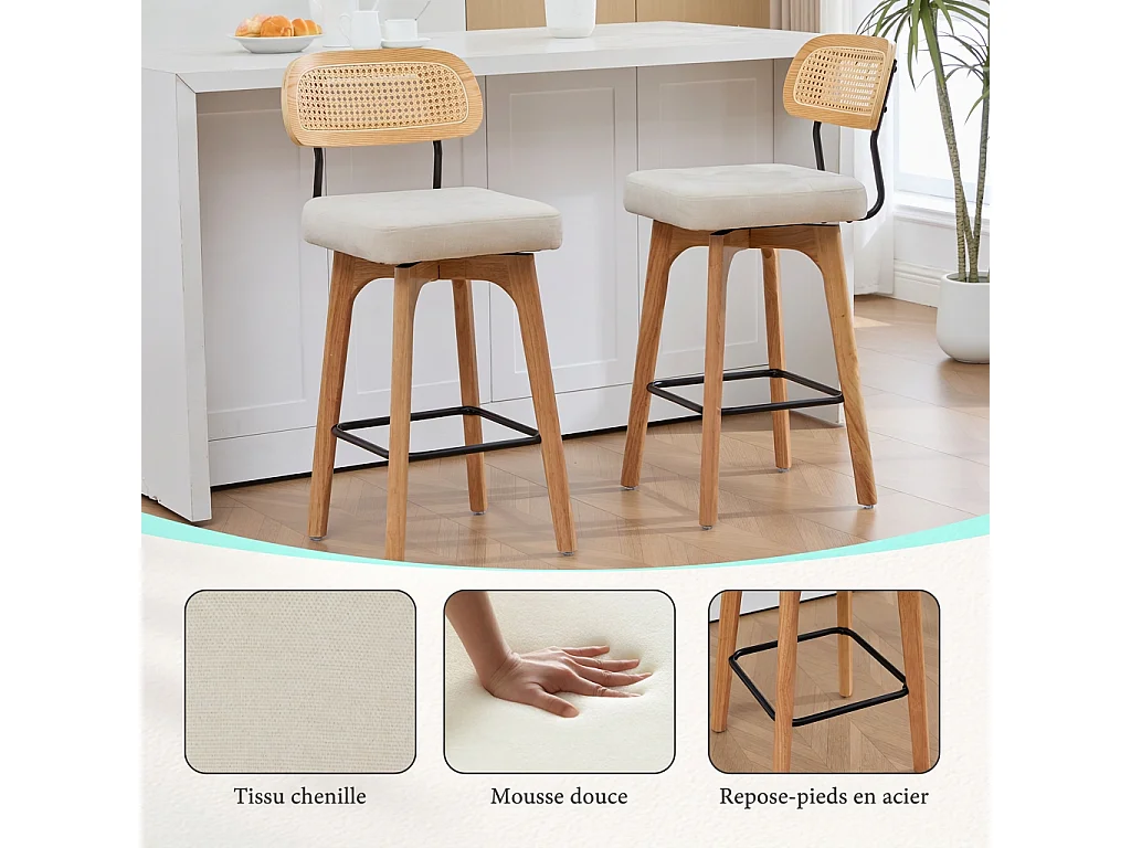 Parrot Uncle Lot de 2 tabourets de bar pivotants à 360°, dossier en rotin, assise en chenille beige, bois, 44 x 51 x 96 cm