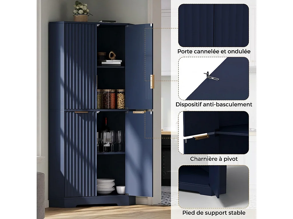 Parrot Uncle Meuble d’angle 60x60x172 cm avec 4 portes et étagères réglables, buffet de rangement vertical, design ondulé