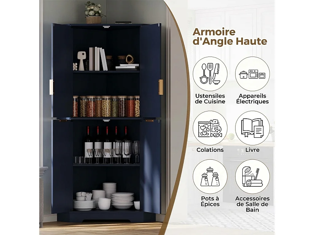 Parrot Uncle Meuble d’angle 60x60x172 cm avec 4 portes et étagères réglables, buffet de rangement vertical, design ondulé