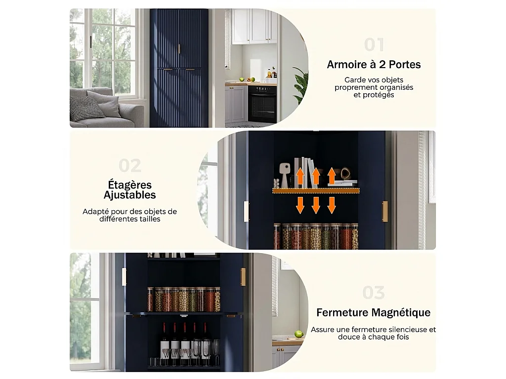 Parrot Uncle Meuble d’angle 60x60x172 cm avec 4 portes et étagères réglables, buffet de rangement vertical, design ondulé