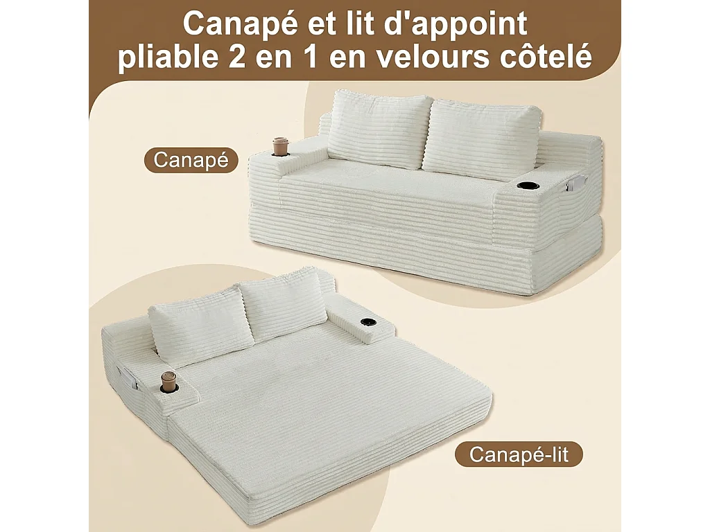 Parrot Uncle Canapé-lit 2 en 1 en velours côtelé, avec porte-gobelets intégrés et poches de rangement latérales, 2 coussins beige, 180 × 85 × 62 cm