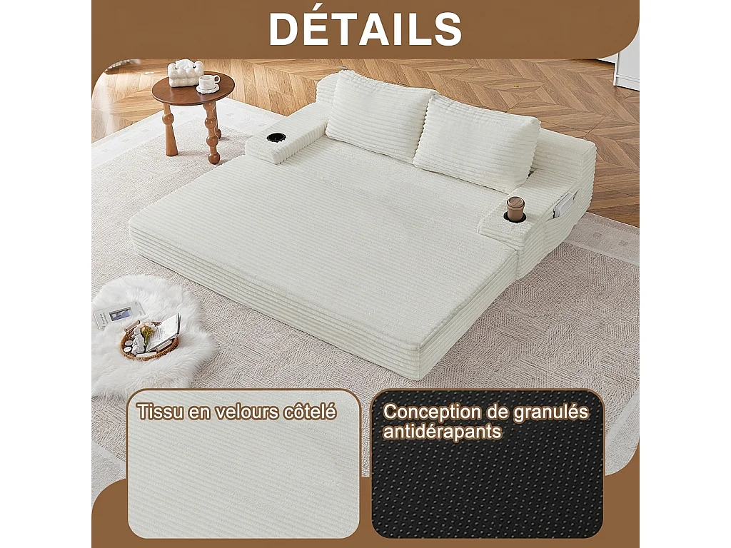 Parrot Uncle Canapé-lit 2 en 1 en velours côtelé, avec porte-gobelets intégrés et poches de rangement latérales, 2 coussins beige, 180 × 85 × 62 cm