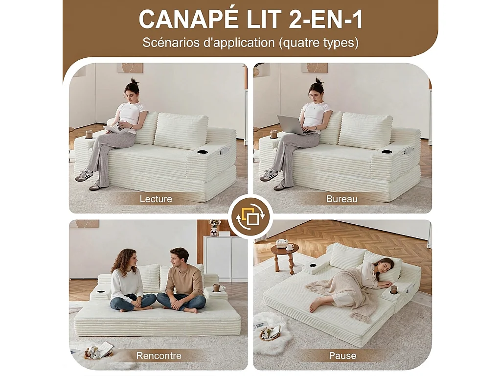 Parrot Uncle Canapé-lit 2 en 1 en velours côtelé, avec porte-gobelets intégrés et poches de rangement latérales, 2 coussins beige, 180 × 85 × 62 cm