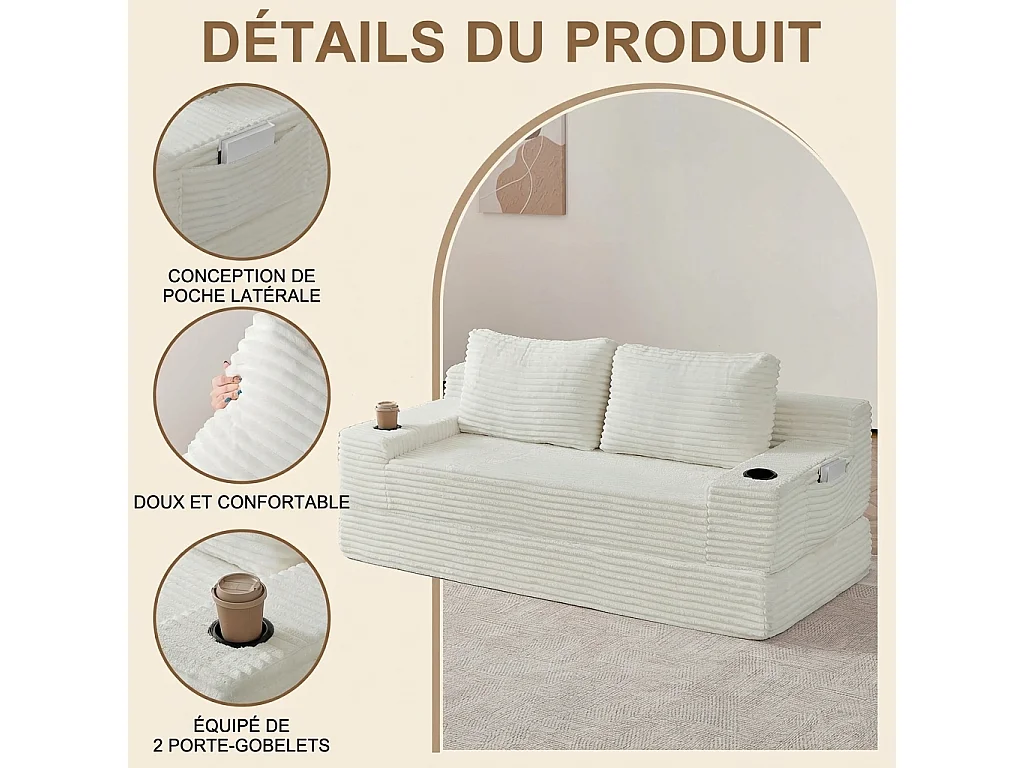 Parrot Uncle Canapé-lit 2 en 1 en velours côtelé, avec porte-gobelets intégrés et poches de rangement latérales, 2 coussins beige, 180 × 85 × 62 cm