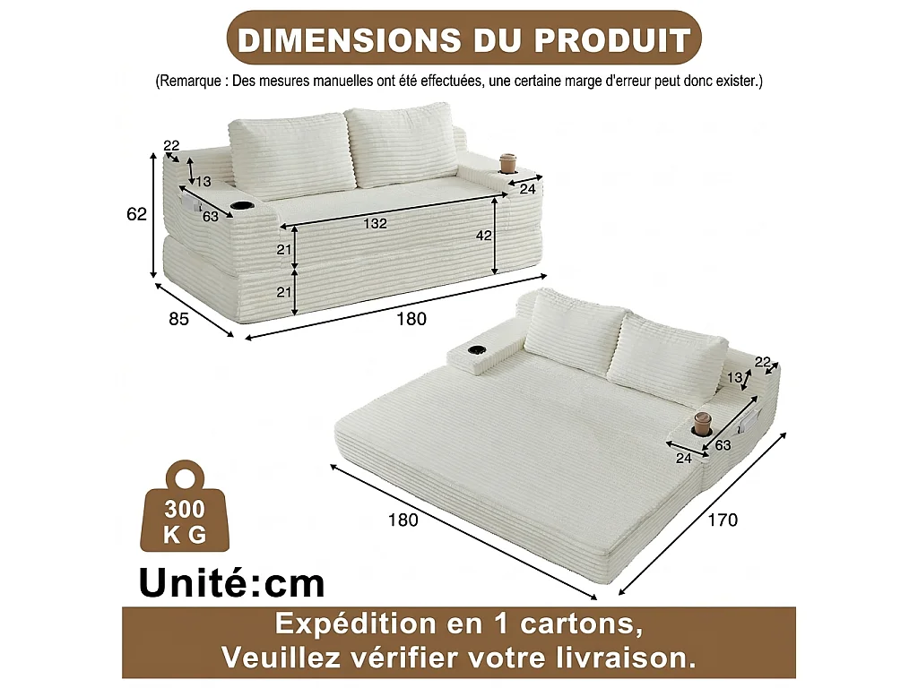 Parrot Uncle Canapé-lit 2 en 1 en velours côtelé, avec porte-gobelets intégrés et poches de rangement latérales, 2 coussins beige, 180 × 85 × 62 cm