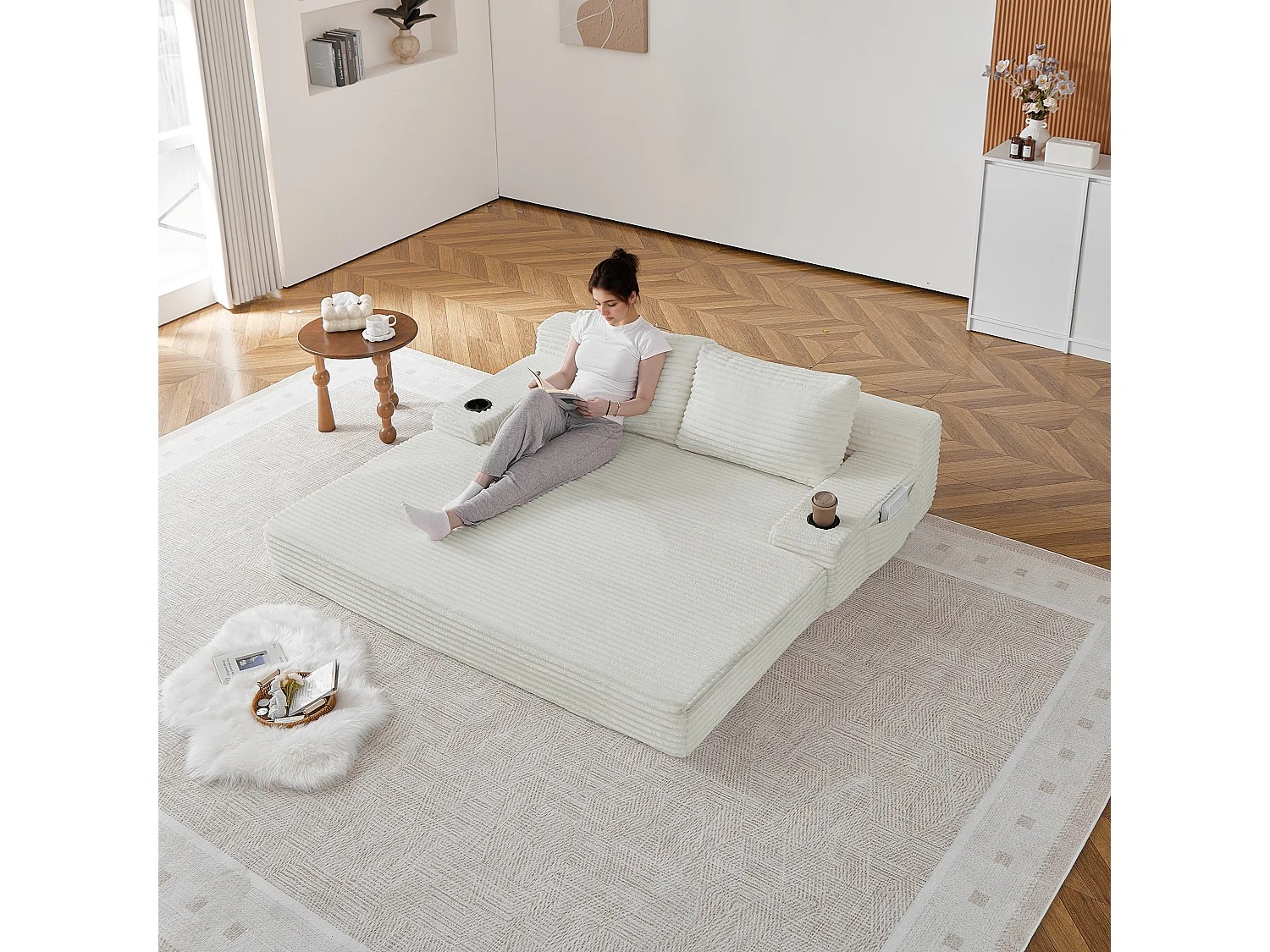Parrot Uncle Canapé-lit 2 en 1 en velours côtelé, avec porte-gobelets intégrés et poches de rangement latérales, 2 coussins beige, 180 × 85 × 62 cm