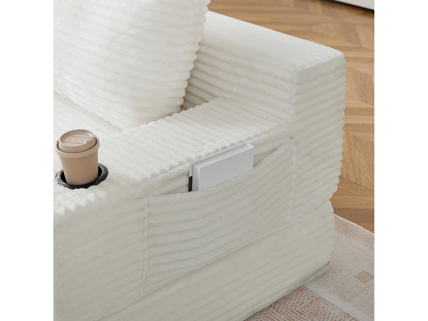 Parrot Uncle Canapé-lit 2 en 1 en velours côtelé, avec porte-gobelets intégrés et poches de rangement latérales, 2 coussins beige, 180 × 85 × 62 cm