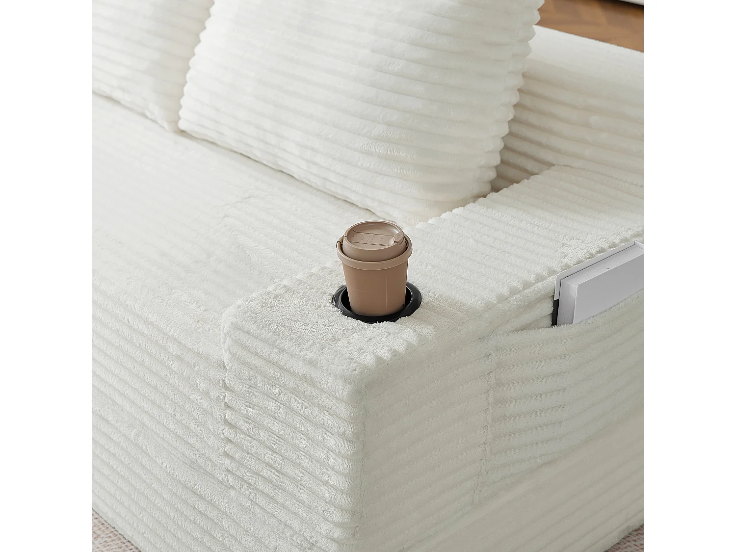 Parrot Uncle Canapé-lit 2 en 1 en velours côtelé, avec porte-gobelets intégrés et poches de rangement latérales, 2 coussins beige, 180 × 85 × 62 cm