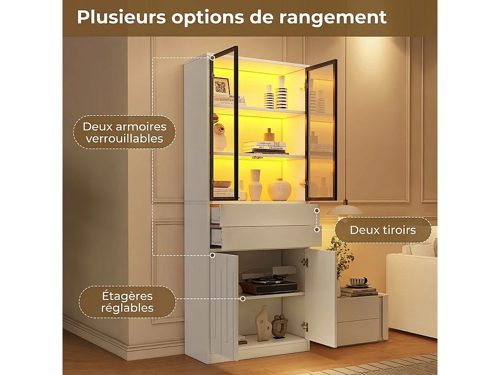 Parrot Uncle Vitrine d'exposition à LED haute, 70 × 34 × 180 cm, blanc mat, vitrine de rangement et d'exposition pour la maison