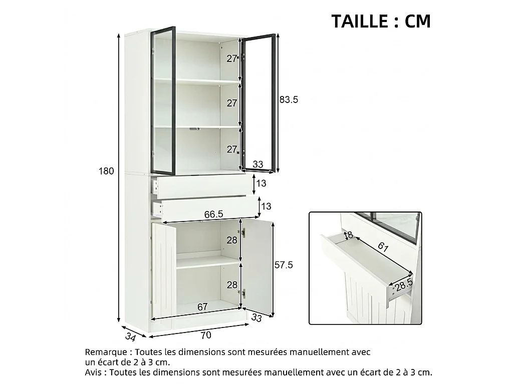 Parrot Uncle Vitrine d'exposition à LED haute, 70 × 34 × 180 cm, blanc mat, vitrine de rangement et d'exposition pour la maison