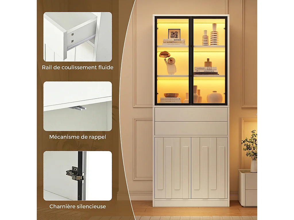 Parrot Uncle Vitrine d'exposition à LED haute, 70 × 34 × 180 cm, blanc mat, vitrine de rangement et d'exposition pour la maison