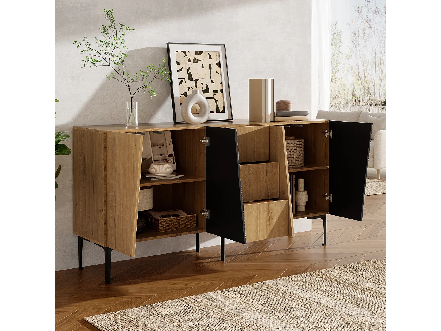 Parrot Uncle Buffet 160x40x80 cm, 4 portes et 3 tiroirs, pieds en métal, effet bois et noir, meuble de rangement