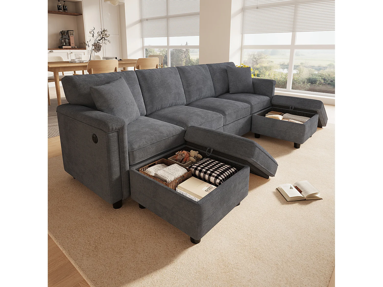 Parrot Uncle Canapé modulable d’angle avec rangement, convertible en forme L ou U, 2 poufs coffre, tissu chenille doux, canapé familial moderne 261×134×82 cm