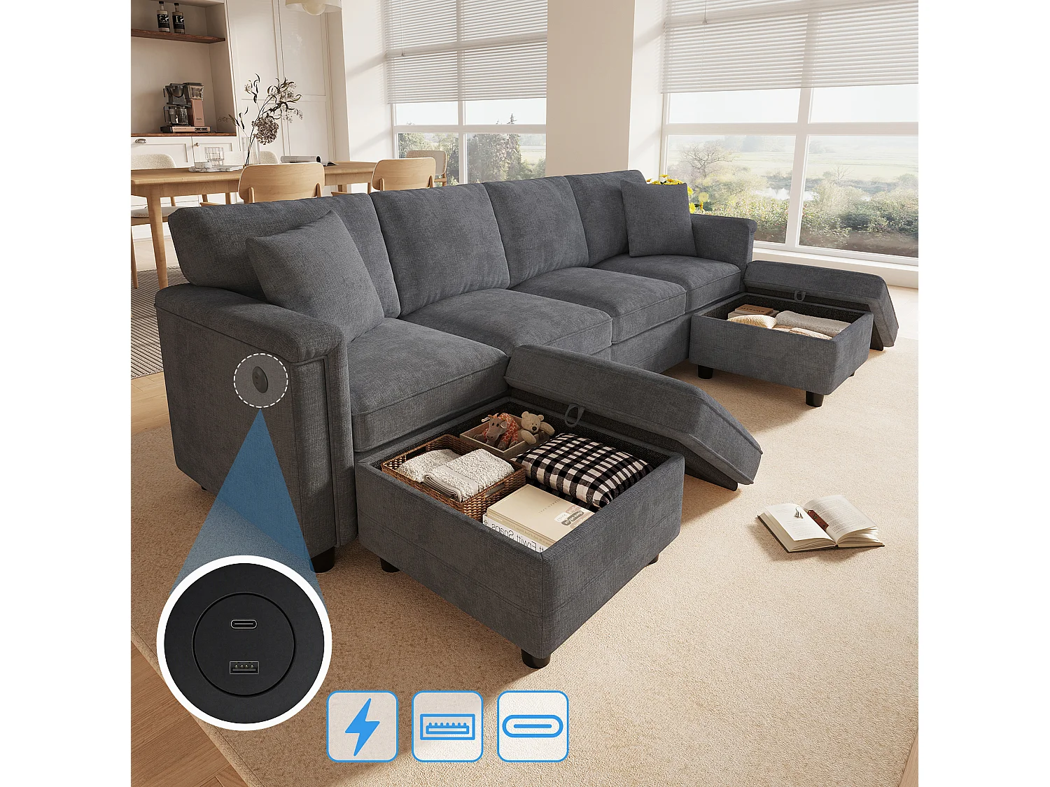 Parrot Uncle Canapé modulable d’angle avec rangement, convertible en forme L ou U, 2 poufs coffre, tissu chenille doux, canapé familial moderne 261×134×82 cm