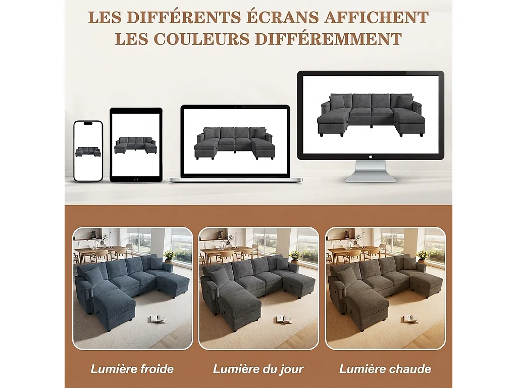 Parrot Uncle Canapé modulable d’angle avec rangement, convertible en forme L ou U, 2 poufs coffre, tissu chenille doux, canapé familial moderne 261×134×82 cm