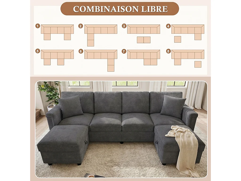 Parrot Uncle Canapé modulable d’angle avec rangement, convertible en forme L ou U, 2 poufs coffre, tissu chenille doux, canapé familial moderne 261×134×82 cm