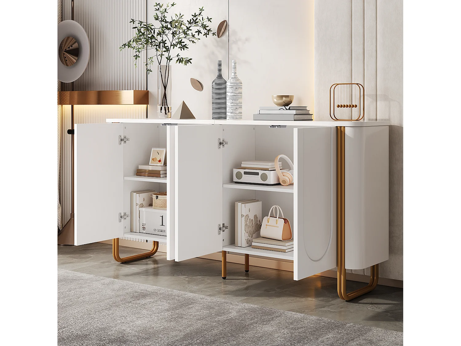 Parrot Uncle Bahut 4 portes avec étagères, meuble de rangement en MDF, pieds métal, Push-to-Open, 160 × 35 × 80,5 cm