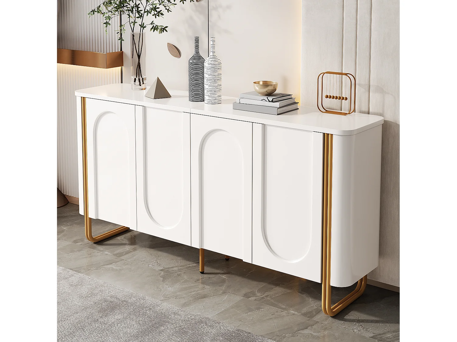 Parrot Uncle Bahut 4 portes avec étagères, meuble de rangement en MDF, pieds métal, Push-to-Open, 160 × 35 × 80,5 cm