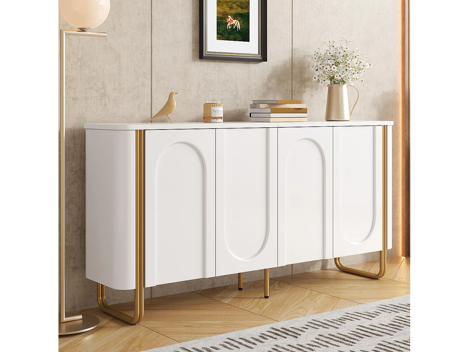 Parrot Uncle Bahut 4 portes avec étagères, meuble de rangement en MDF, pieds métal, Push-to-Open, 160 × 35 × 80,5 cm