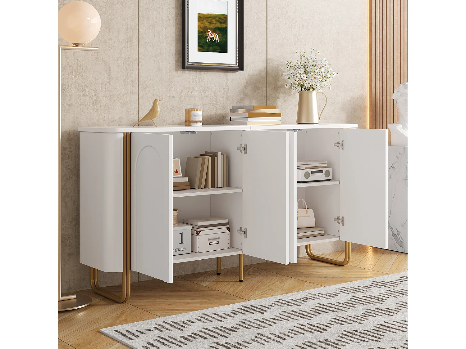 Parrot Uncle Bahut 4 portes avec étagères, meuble de rangement en MDF, pieds métal, Push-to-Open, 160 × 35 × 80,5 cm