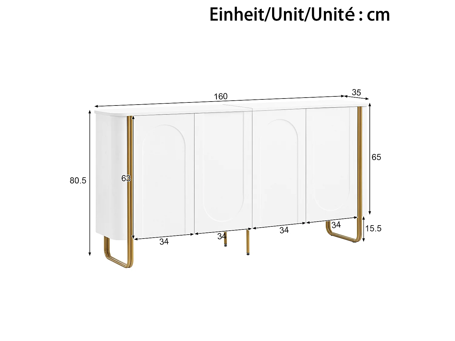 Parrot Uncle Bahut 4 portes avec étagères, meuble de rangement en MDF, pieds métal, Push-to-Open, 160 × 35 × 80,5 cm