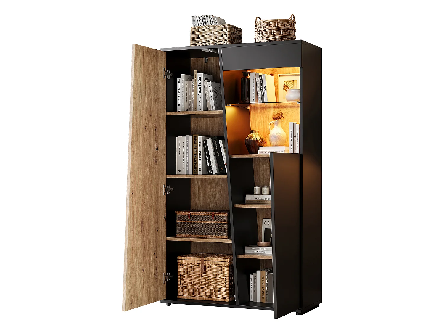Parrot Uncle Vitrine avec LED, meuble de rangement haut 80 x 35 x 139,5 cm, portes, étagères en verre réglables, noir et bois