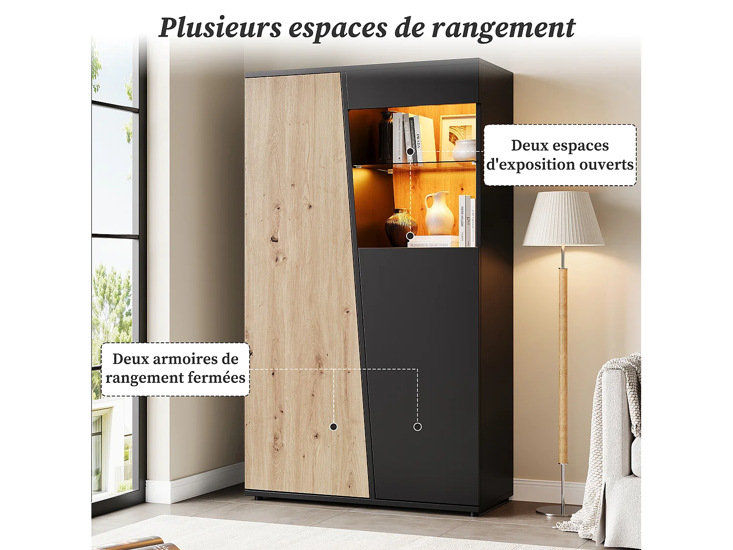 Parrot Uncle Vitrine avec LED, meuble de rangement haut 80 x 35 x 139,5 cm, portes, étagères en verre réglables, noir et bois